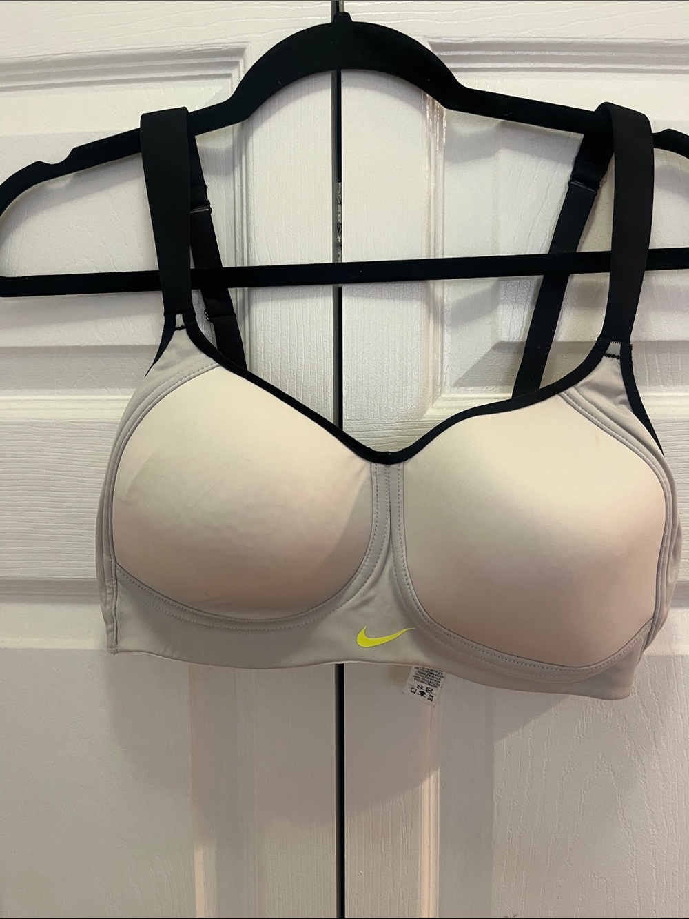 Nike Light Gray Sports Bra with Black Straps and Neon Yellow Logo